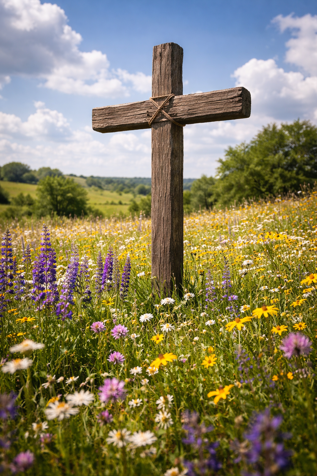 Simple rustic wooden cross standing in a meadow of purple, yellow and white wildflowers under a blue sky with clouds -- peaceful rural Christian cross HD wallpaper